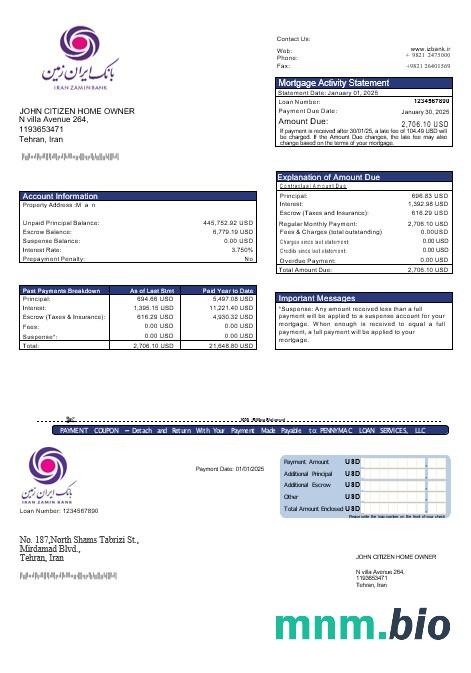 Iran Bank Zamin wyciąg z kredytu hipotecznego w formatach Word i PDF